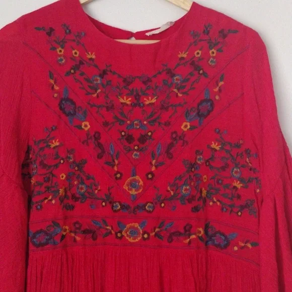 Altar'd State Embroidered Boho Dress in Red Bell Sleeve Flowy Bohemian - Picture 4 of 7